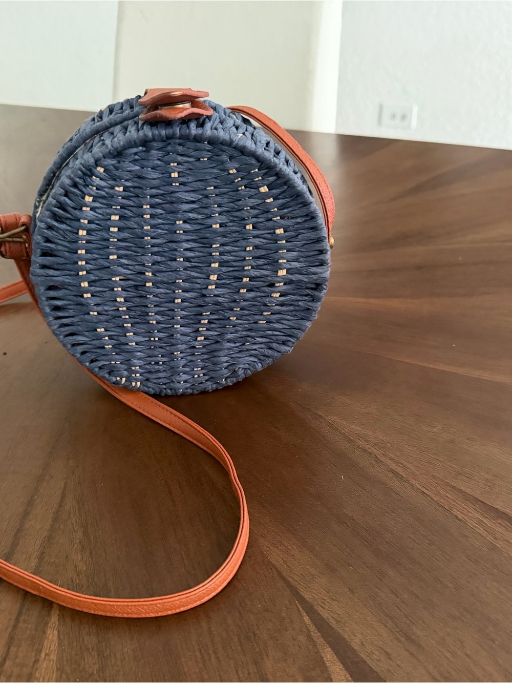 Round Woven Crossbody Bag in Navy with Tan Strap